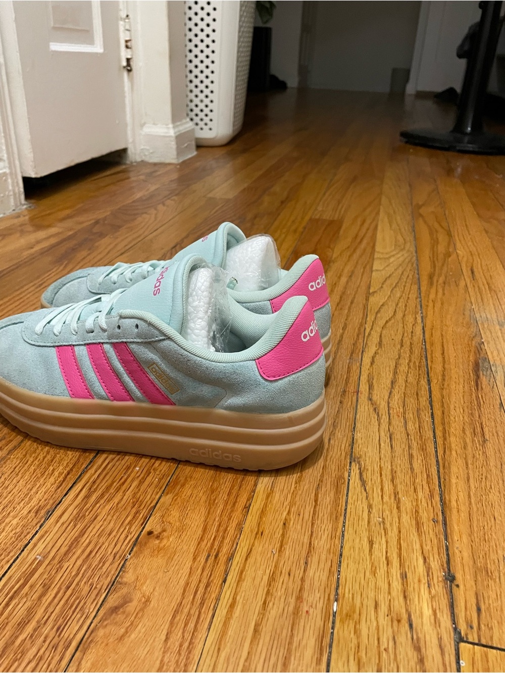 adidas Women's Mint Suede Sneakers with Pink Stripes and Gum Platform - Picture 2 of 9